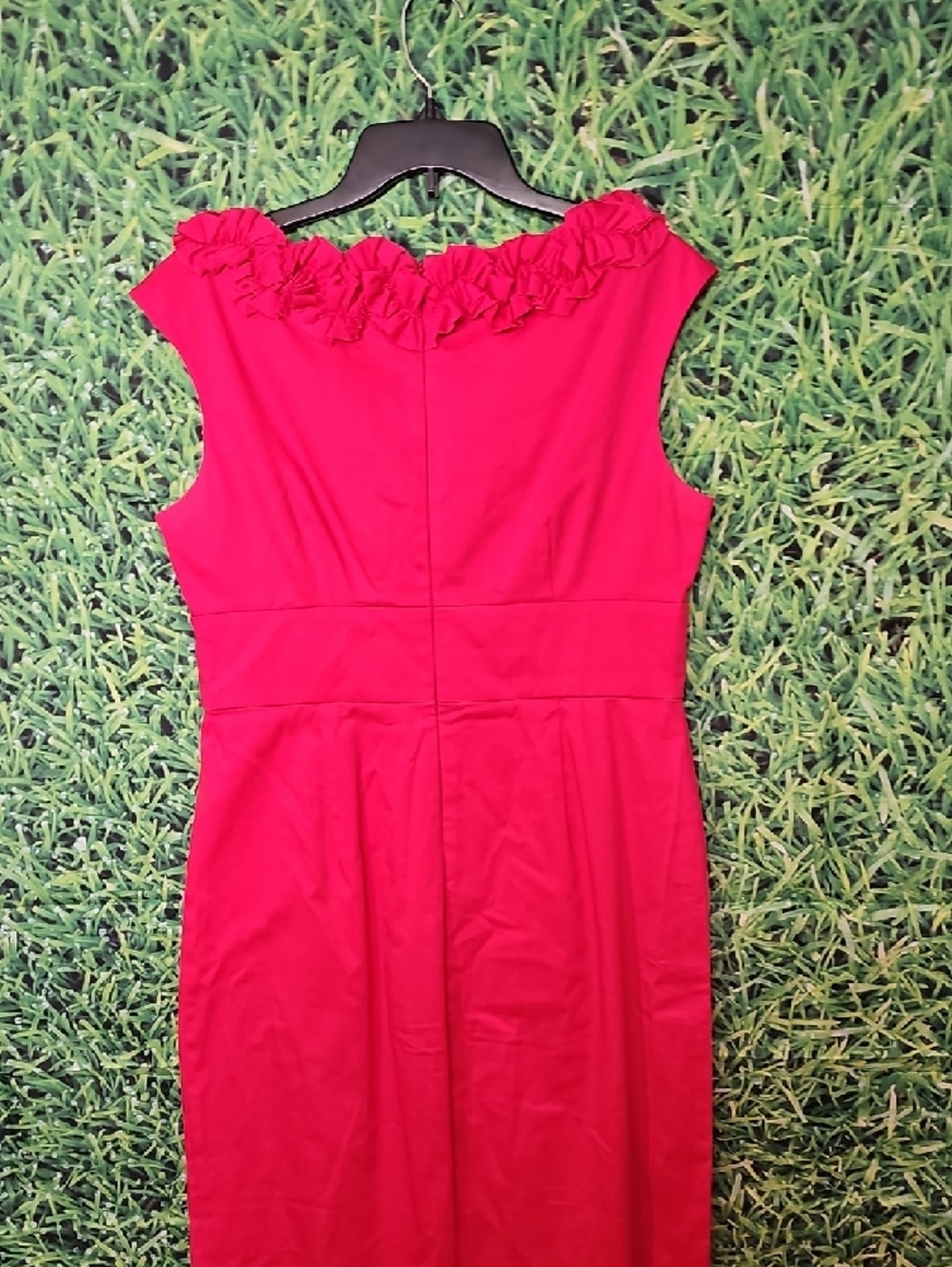 Signature Hot Pink Ruffle Neck Sheath Midi Dress - Picture 7 of 7